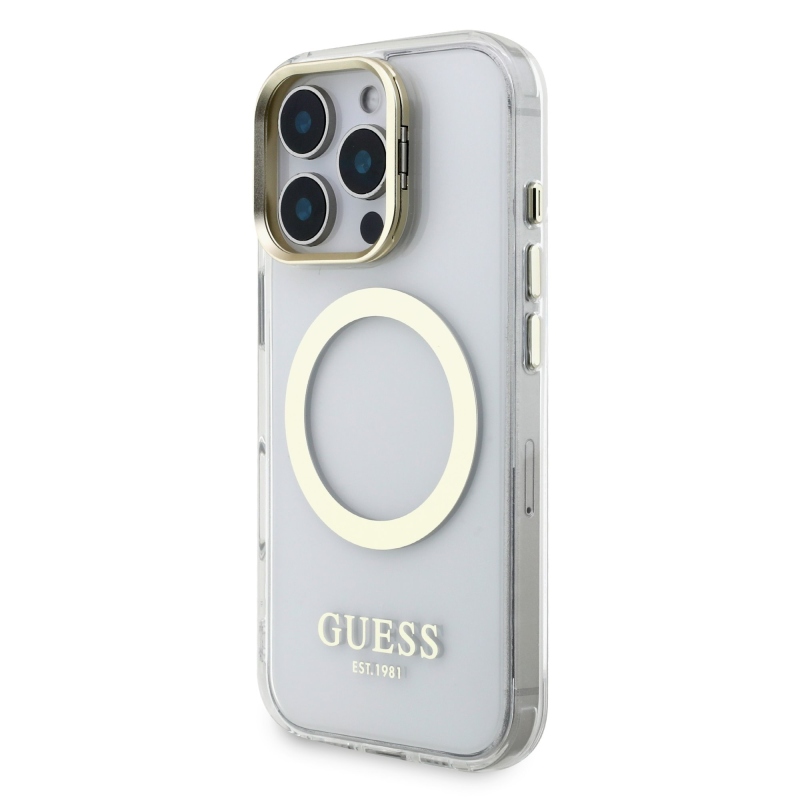 Guess IML Gold Outline Stand Camera Frame MagSafe Zadní Kryt pro iPhone 16 Pro Transparent