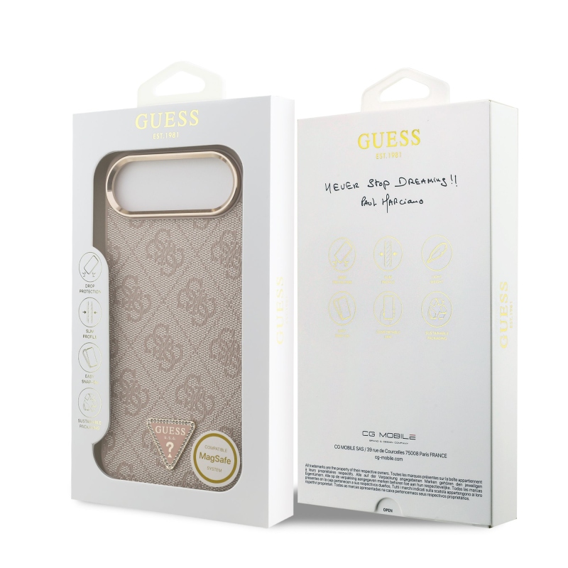 Guess PU Leather 4G Strass Triangle Logo Gold Frame MagSafe Zadní Kryt pro iPhone Air Pink