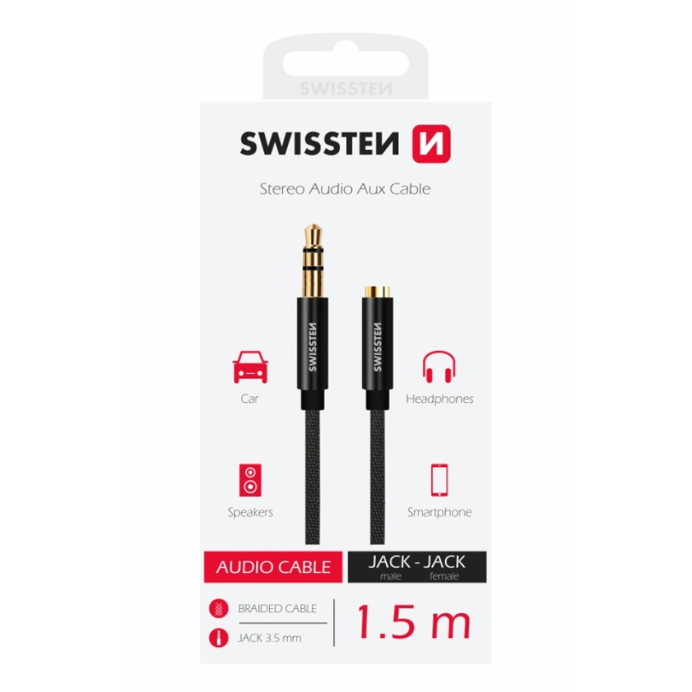 Audio kabel Swissten textile JACK(samec) / JACK (samice) 1,5m - černý