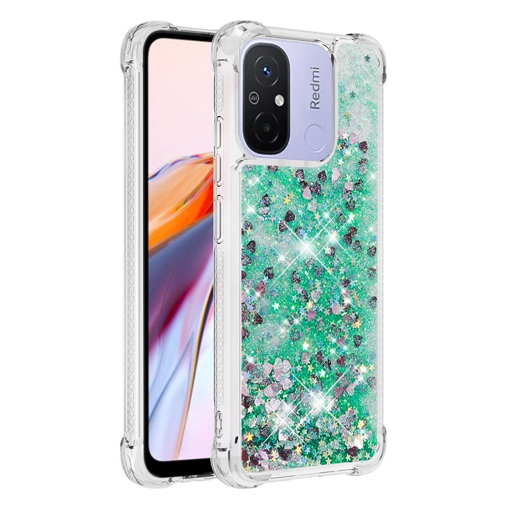 Glitter přesýpací gelový obal na Xiaomi Redmi 12C - zelený/srdíčka