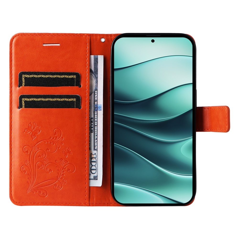 Big Butterfly knížkové pouzdro na Xiaomi Redmi Note 14 5G - oranžové