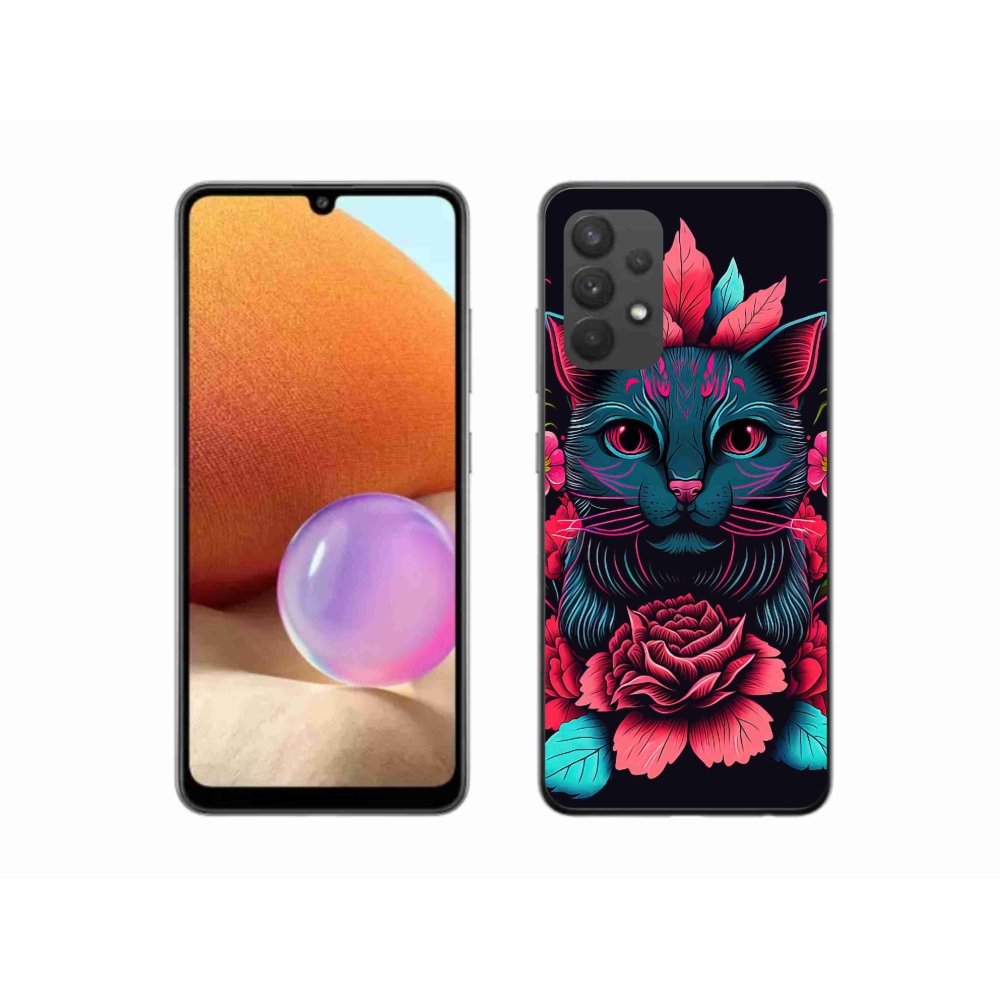 Gelový kryt mmCase na Samsung Galaxy A32 4G - květiny a kočka