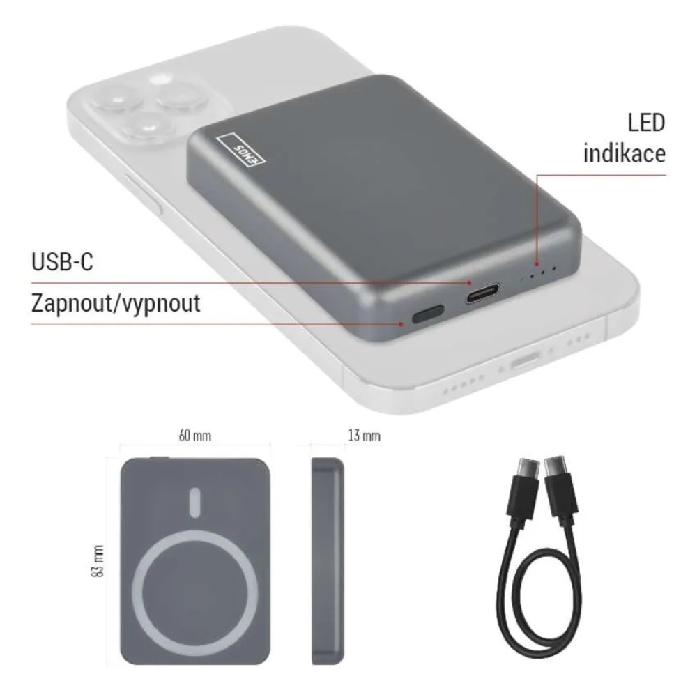 Powerbanka EMOS WI 522, 5 000 mAh, 20 W+Wireless - šedá