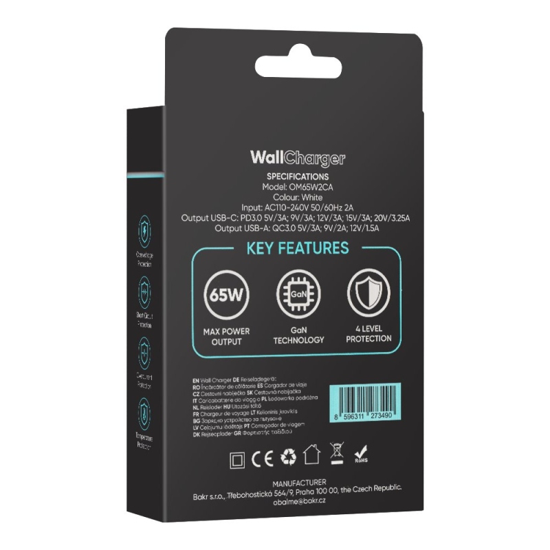 OBAL:ME GaN Cestovní Nabíječka USB-A + 2xUSB-C 65W White