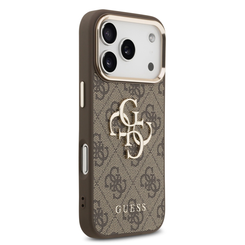 Guess PU Leather 4G Metal Logo Gold Frame Zadní Kryt pro iPhone 17 Pro Brown