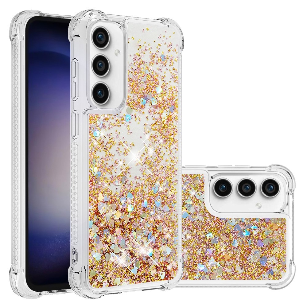 Glitter gelový přesýpací obal na Samsung Galaxy S23 FE - zlatý/srdíčka