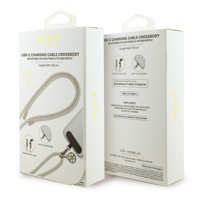 Guess Crossbody Popruh 4G Charm s Nabíjecím Kabelem USB-C/USB-C Beige
