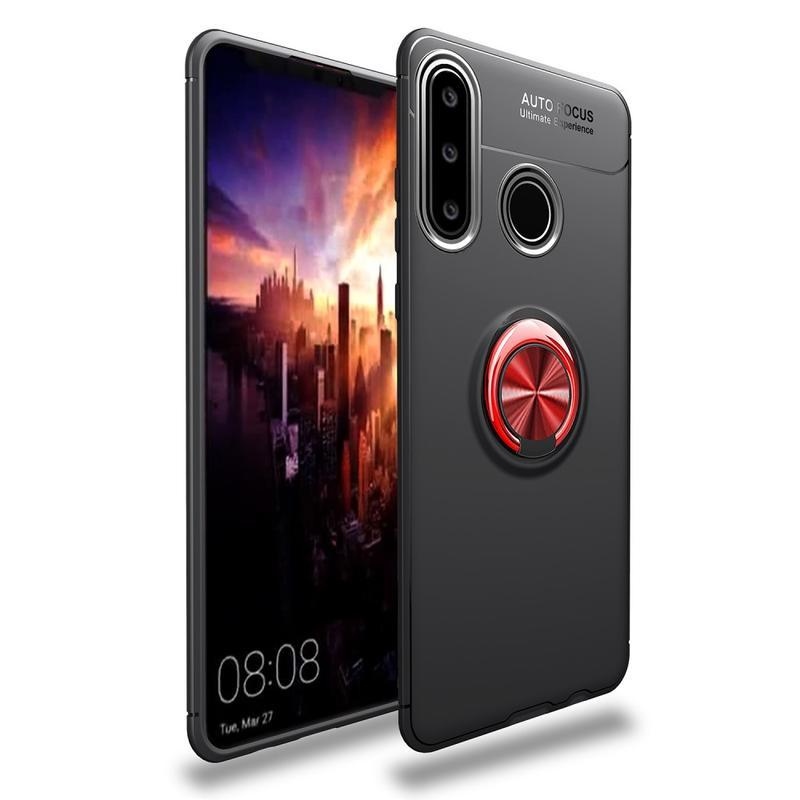 Odolný gelový obal s kroužkem na prst na mobil Huawei Y6p - černý/červený