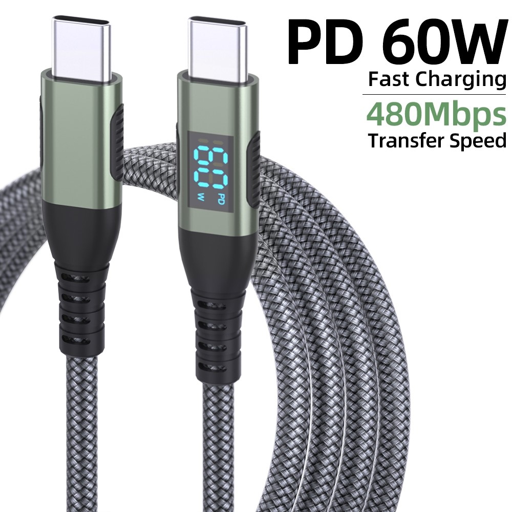 Nylonový kabel USB-C / USB-C s displejem 3m 60W - šedý