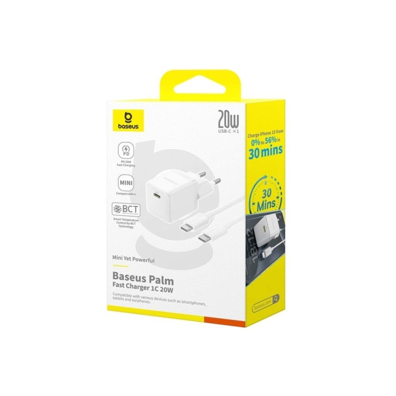 Baseus Palm Fast Nabíječka USB-C 20W + Datový Kabel USB-C/USB-C 1m White