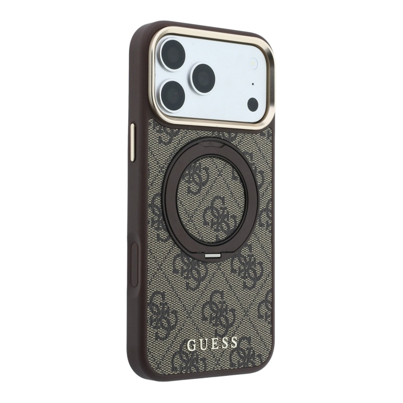 Guess PU 4G Ring Stand MagSafe Zadní Kryt pro iPhone 18 Pro Brown