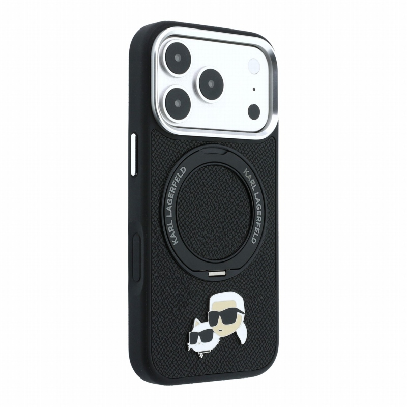 Karl Lagerfeld PU Grained K&CH Heads Ring Stand Magsafe Zadní Kryt pro iPhone 18 Pro Max Black