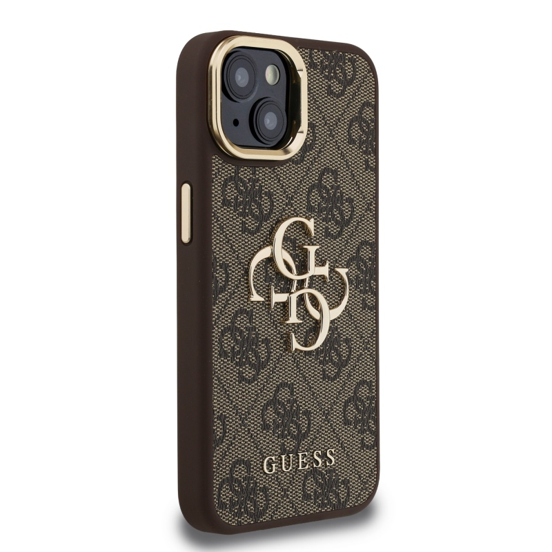 Guess PU 4G Metal Logo Stand Camera Frame Zadní Kryt pro iPhone 14 Brown
