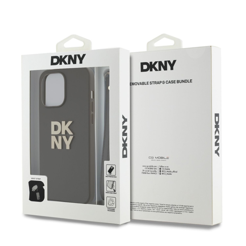 DKNY PU Leather Stack Logo Wrist Strap Zadní Kryt pro iPhone 14 Pro Max Brown