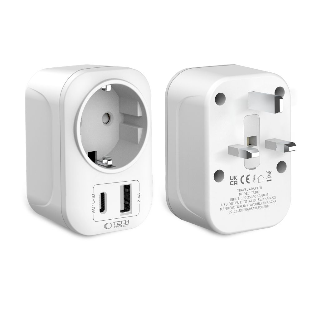 Tech-Protect TA100 cestovní adaptér UK na EU s USB-C a USB-A