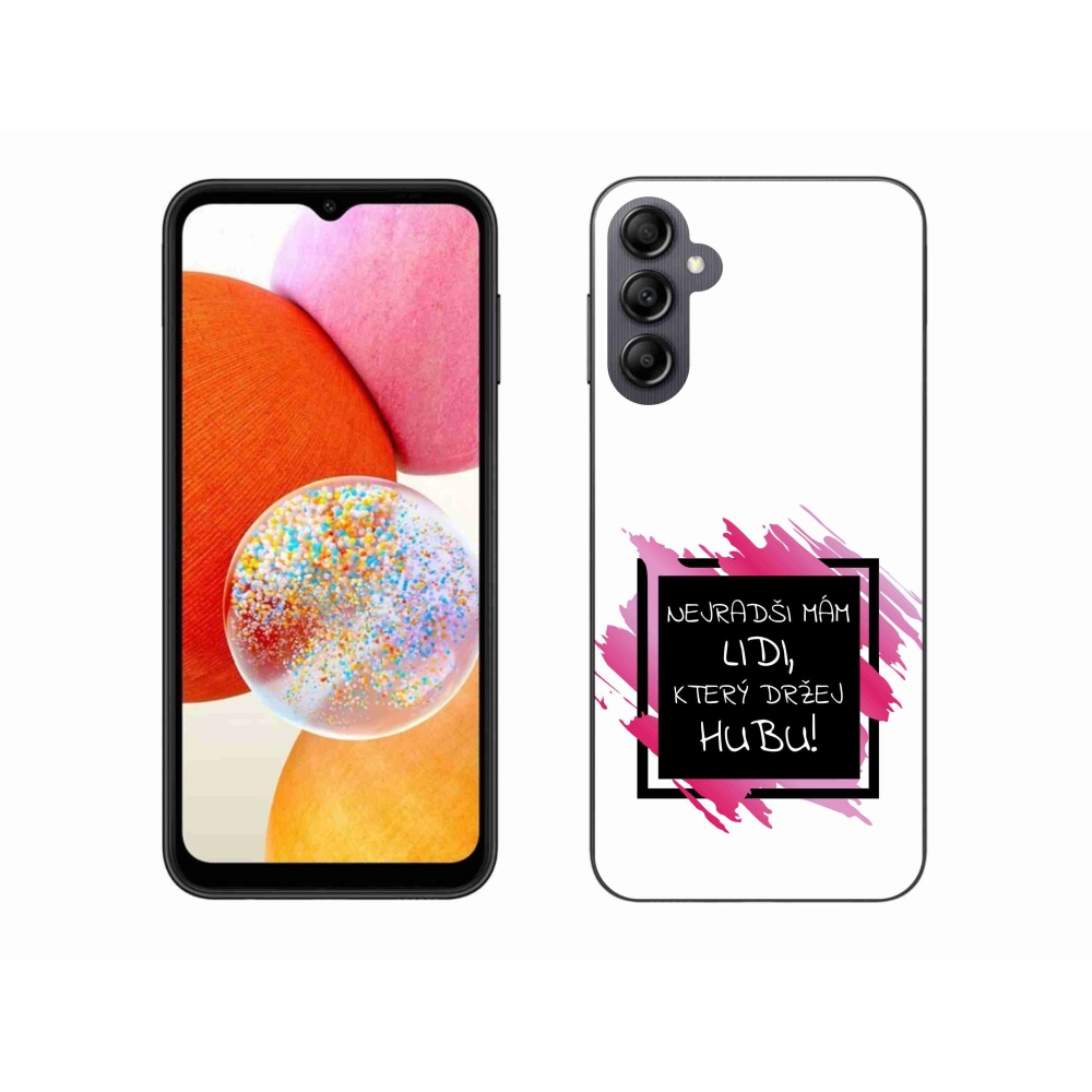 Gelový kryt mmCase na Samsung Galaxy A14 4G/5G - vtipný text 7 černobílé pozadí