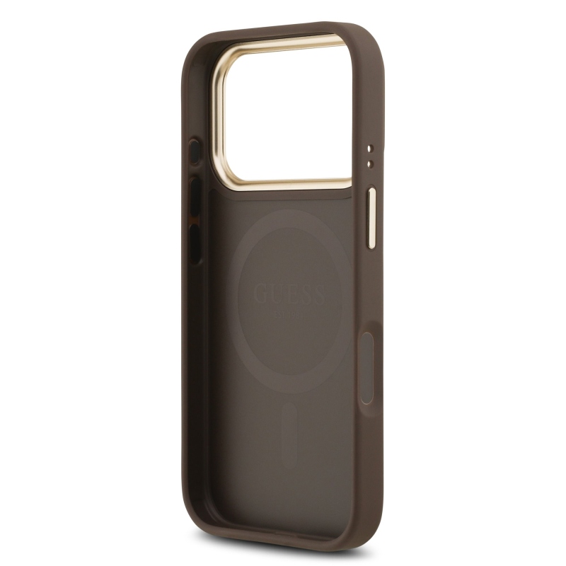Guess PU Leather 4G Gold Frame MagSafe Zadní Kryt pro iPhone 17 Pro Brown