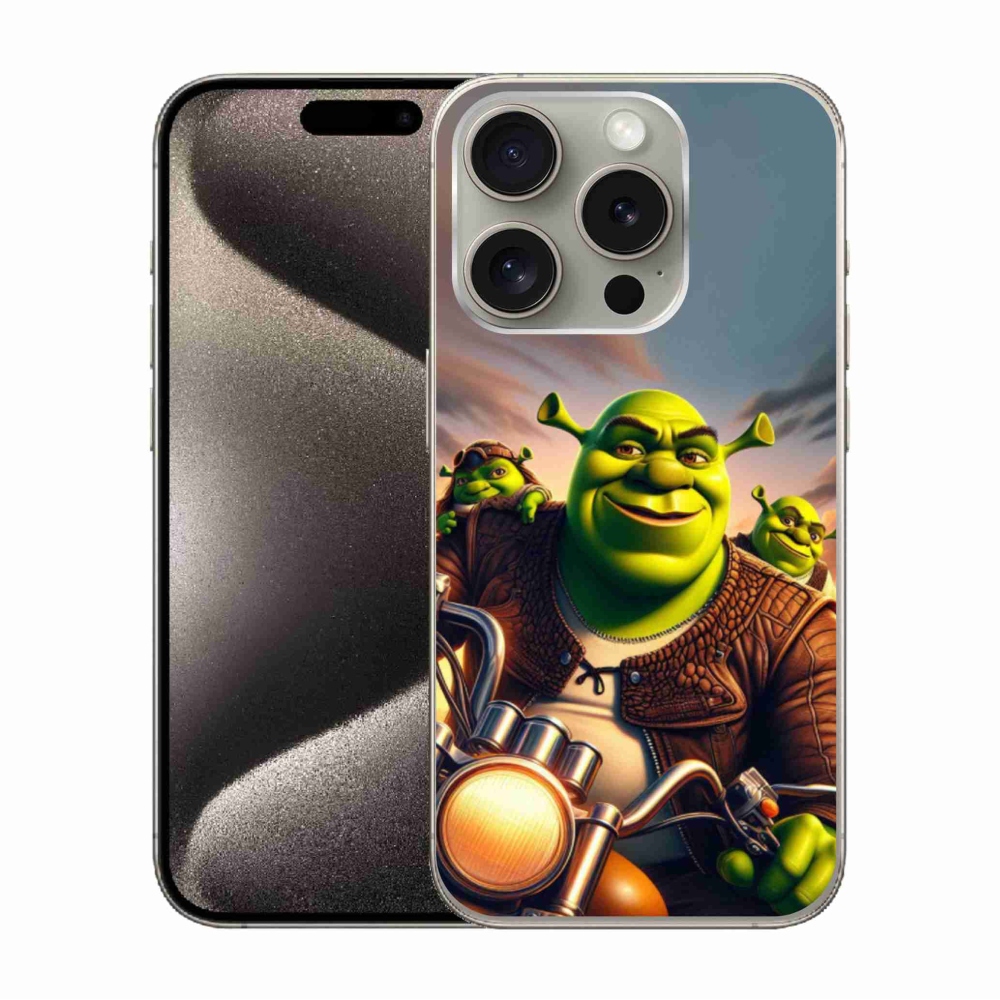 Gelový kryt mmCase na iPhone 15 Pro - shrek na motorce