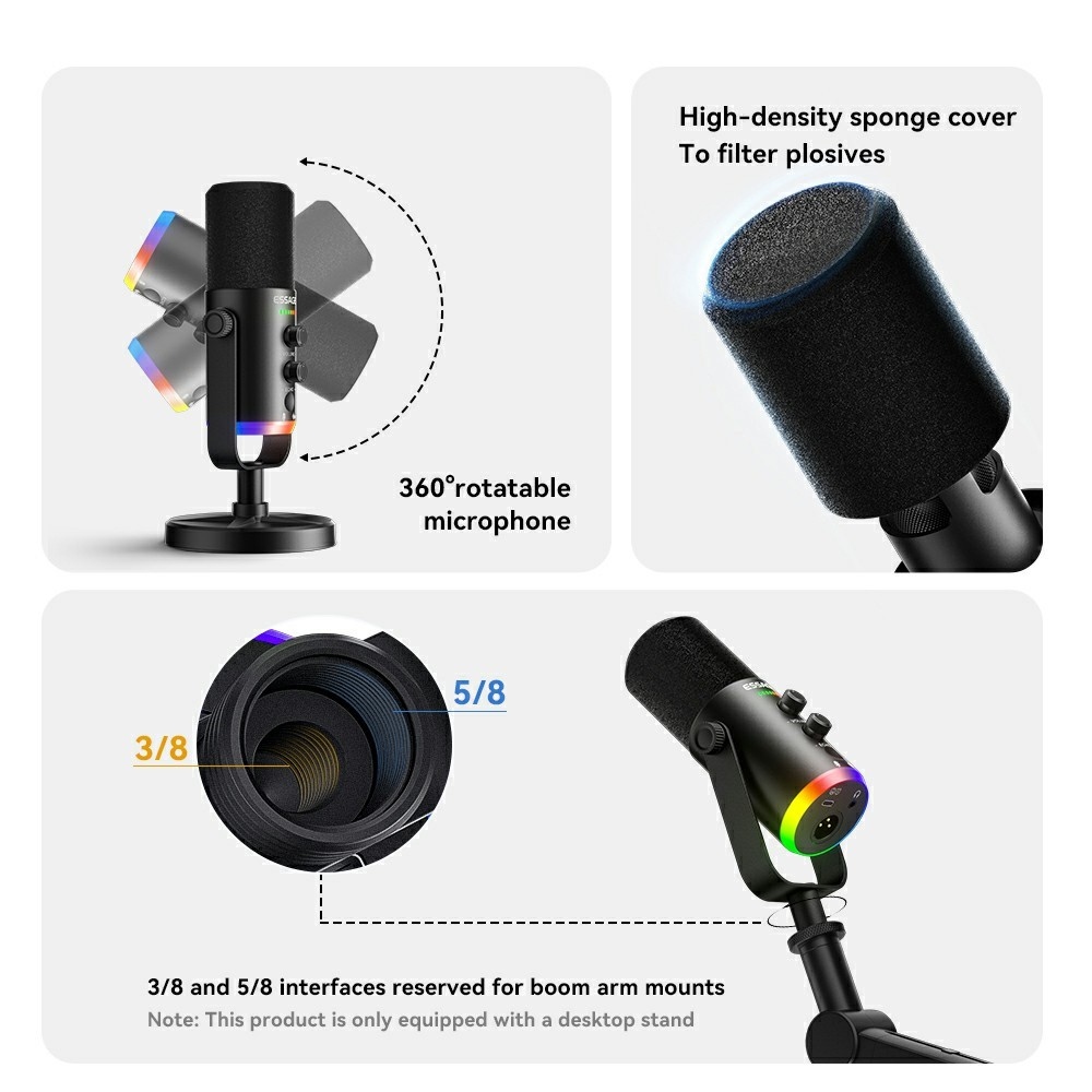 Essager stolní mikrofon XLR USB-C 3,5 mm s DSP redukcí šumu