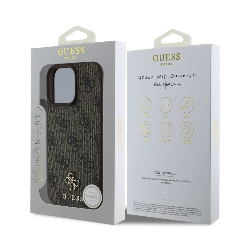 Guess PU 4G Small Metal Logo MagSafe Zadní Kryt pro iPhone 16 Pro Brown