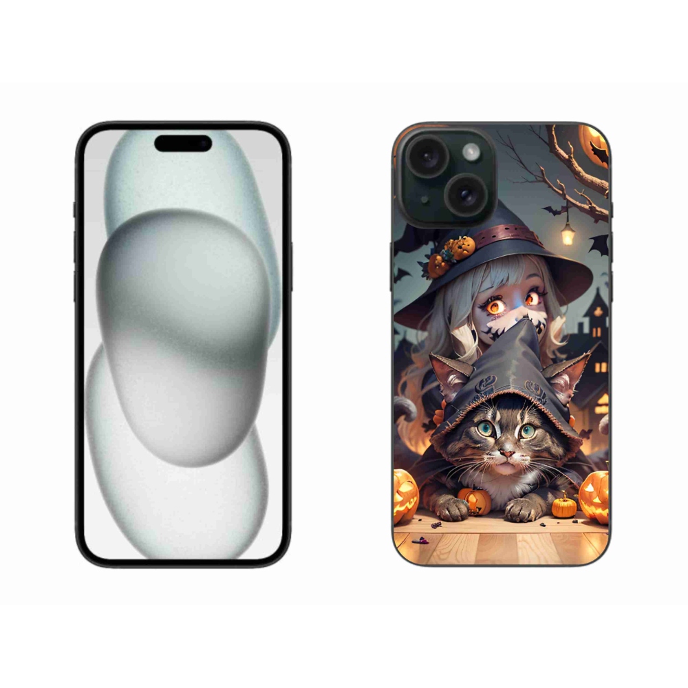 Gelový kryt mmCase na iPhone 15 Plus - čarodějnice s kočkou