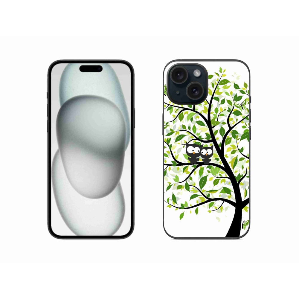 Gelový kryt mmCase na iPhone 15 - sovičky na stromě
