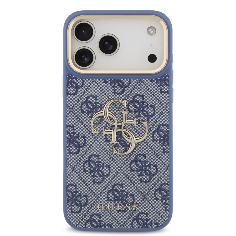 Guess PU Leather 4G Metal Logo Gold Frame Zadní Kryt pro iPhone 18 Pro Max Blue