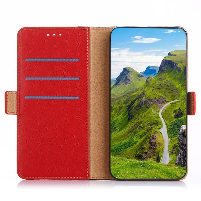 Ostrich PU kožené peněženkové pouzdro na mobil Xiaomi Poco F3 - červené