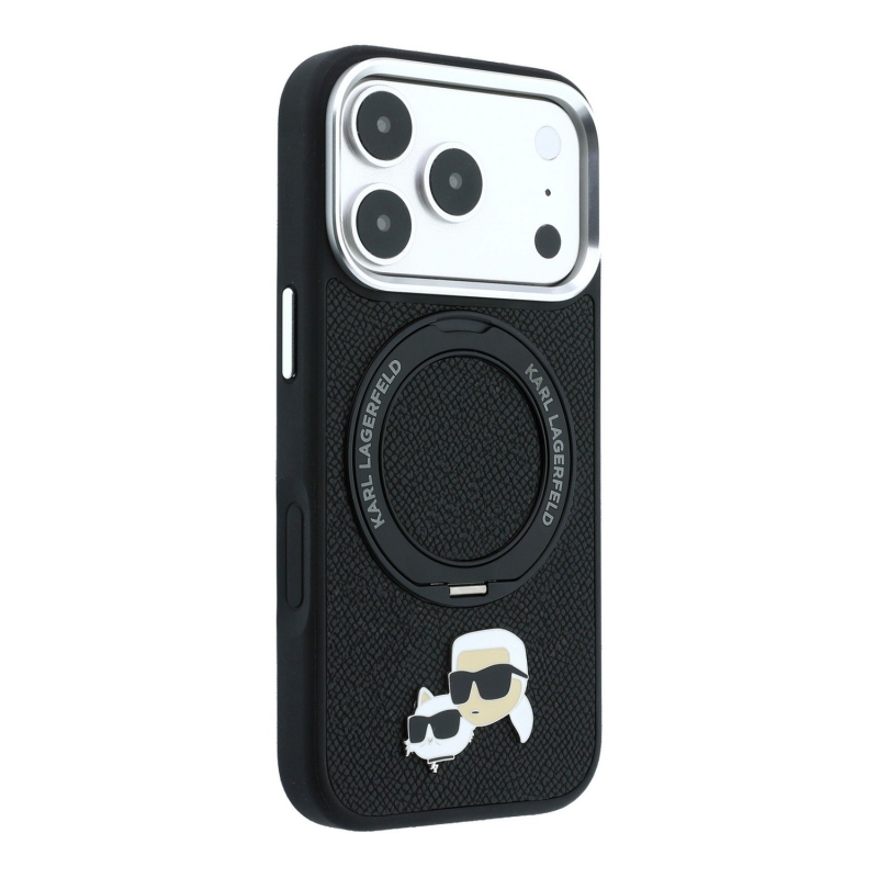 Karl Lagerfeld PU Grained K&CH Heads Ring Stand Magsafe Zadní Kryt pro iPhone 18 Pro Black