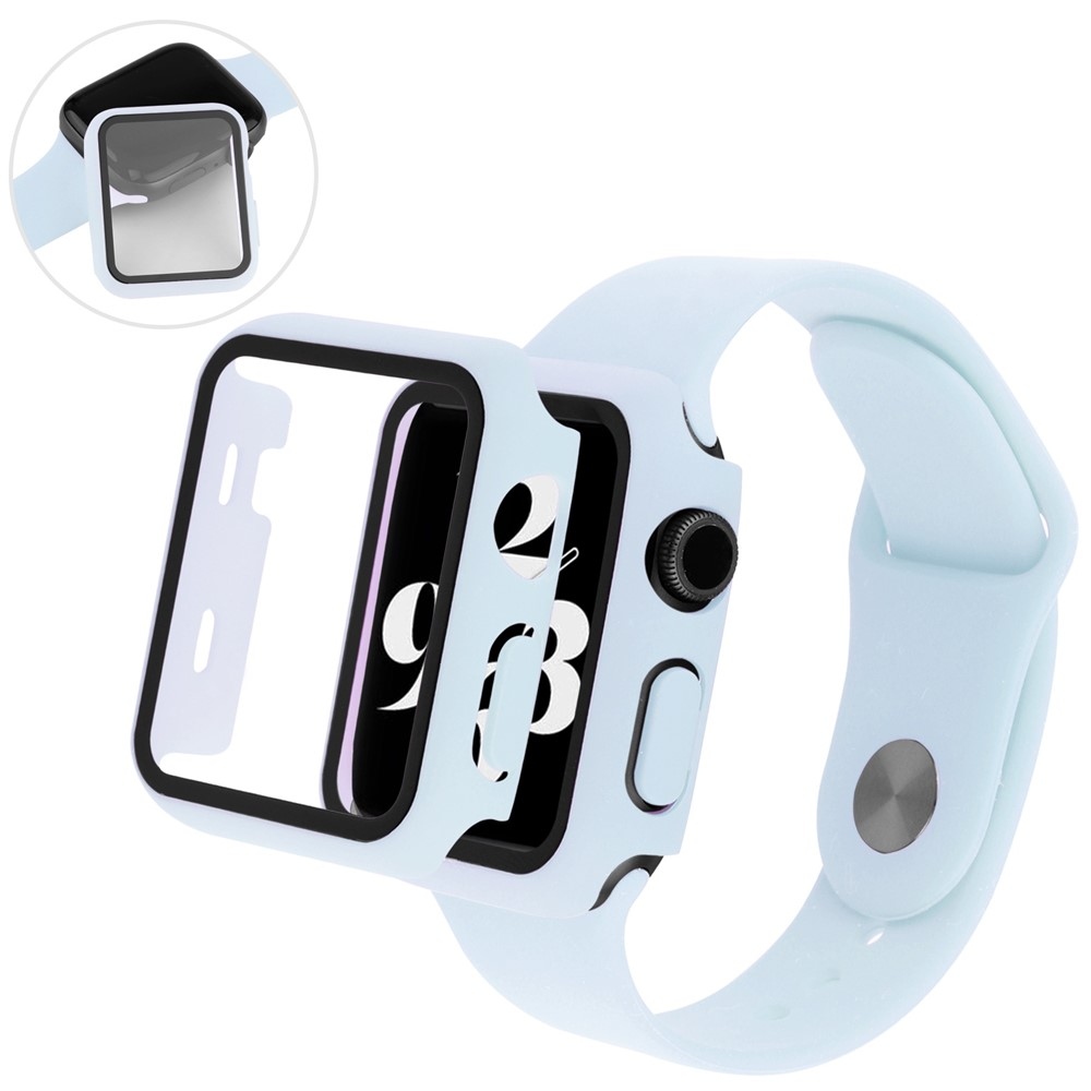 Overall plastové nasazovací pouzdro s ochranným sklem na Apple Watch SE3/SE2/SE1/Watch 6/5/4 44mm - světlemodré