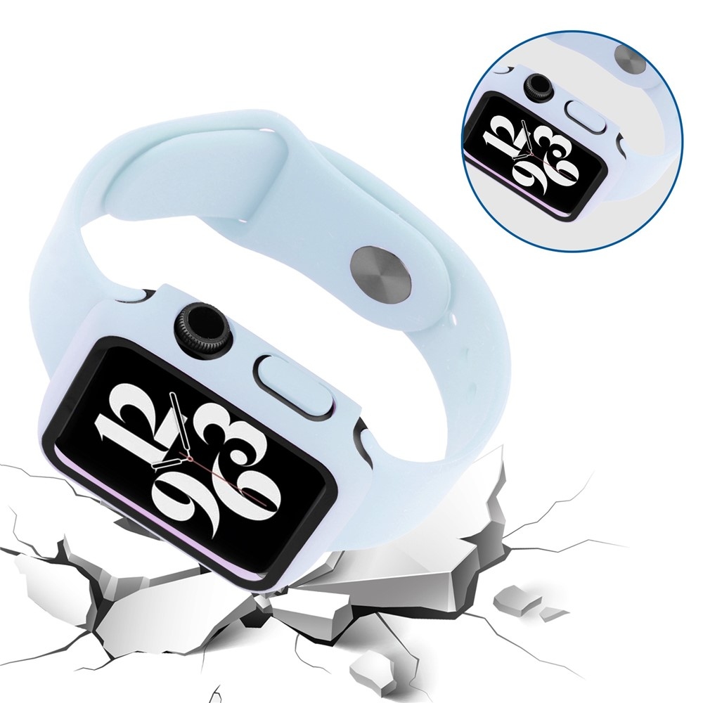 Overall plastové nasazovací pouzdro s ochranným sklem na Apple Watch SE3/SE2/SE1/Watch 6/5/4 44mm - světlemodré