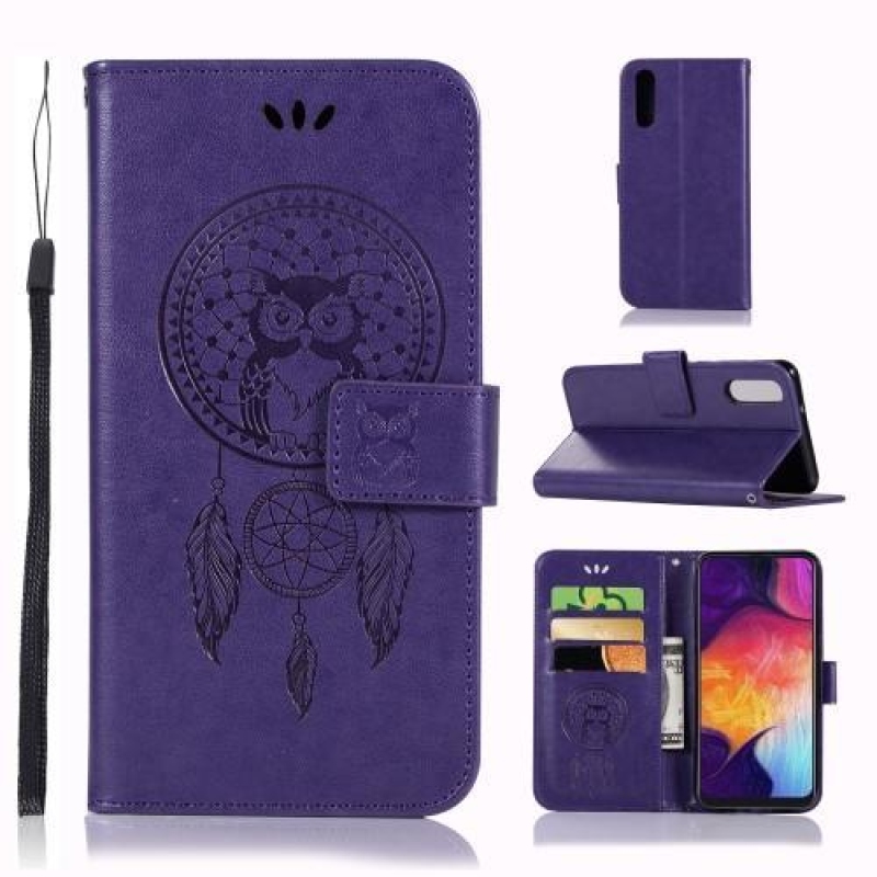 Owl PU kožené peněženkové pouzdro na Samsung Galaxy A50 / A30s - fialové