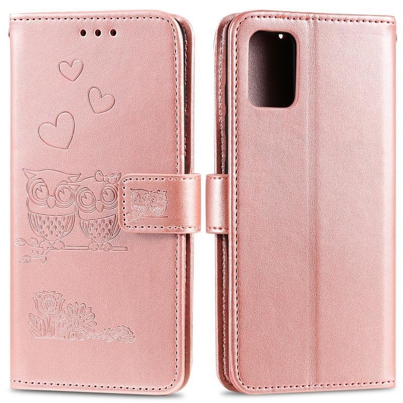 Owls PU kožené peněženkové pouzdro na mobil Huawei P40 - růžovozlaté