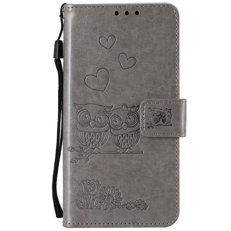 Owls PU kožené peněženkové pouzdro na mobil Huawei P40 - šedé