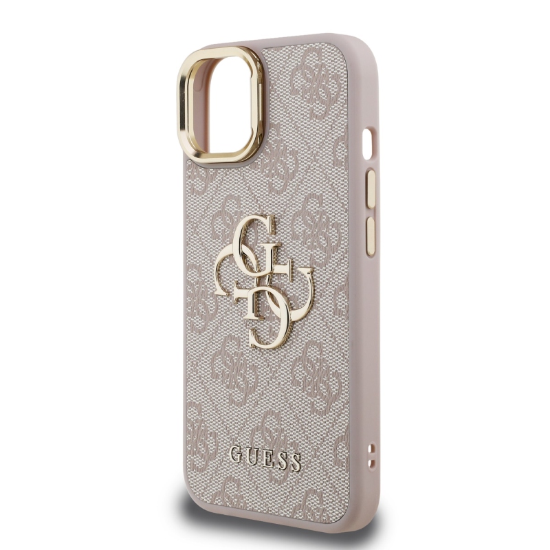 Guess PU 4G Metal Logo Stand Camera Frame Zadní Kryt pro iPhone 14 Pink