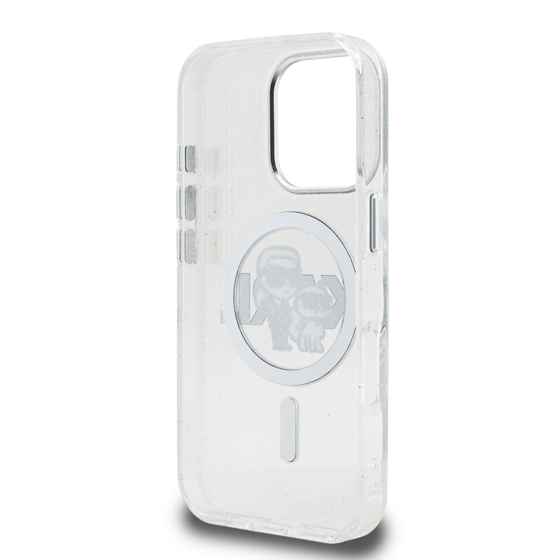 Karl Lagerfeld IML Glitter Karl and Choupette Sketch MagSafe Zadní Kryt pro iPhone 16 Pro Transparent