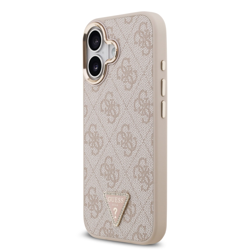 Guess PU Leather 4G Strass Triangle Logo Gold Frame MagSafe Zadní Kryt pro iPhone 17 Pink
