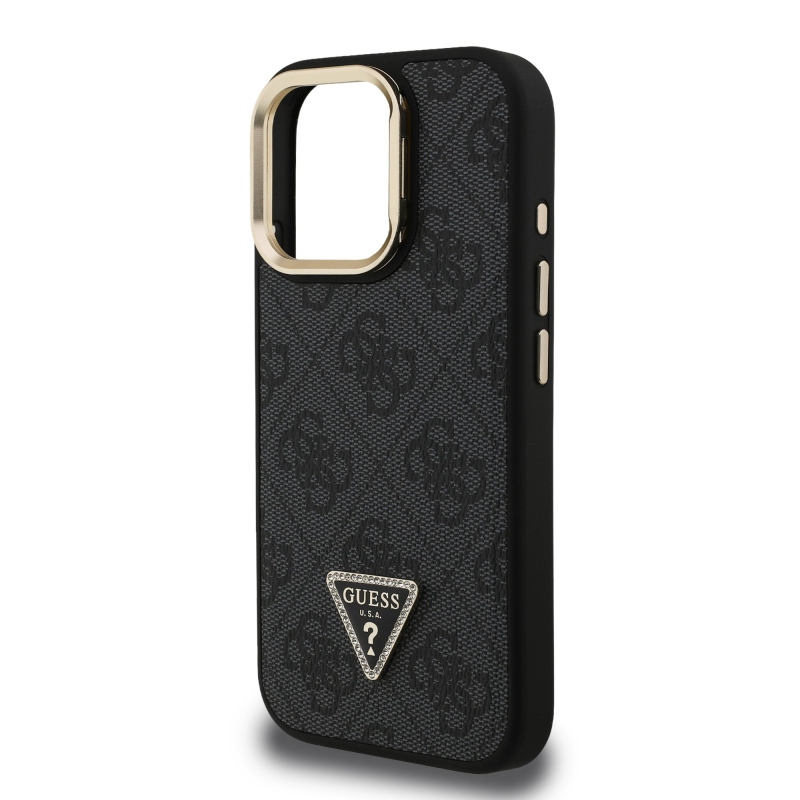 Guess PU 4G Strass Triangle Logo Stand Camera Frame MagSafe Zadní Kryt pro iPhone 16 Pro Max Black