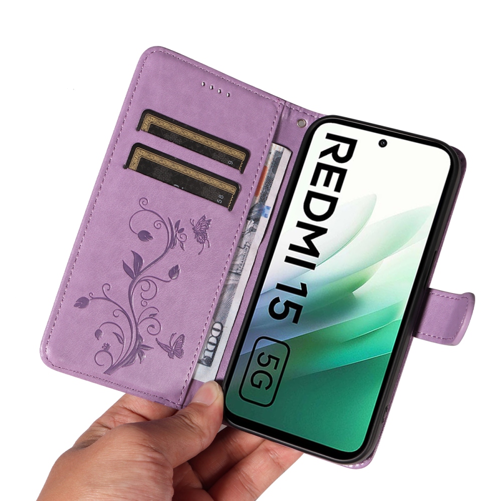 Flowers knížkové pouzdro na Xiaomi Redmi 15 5G (169mm) - fialové