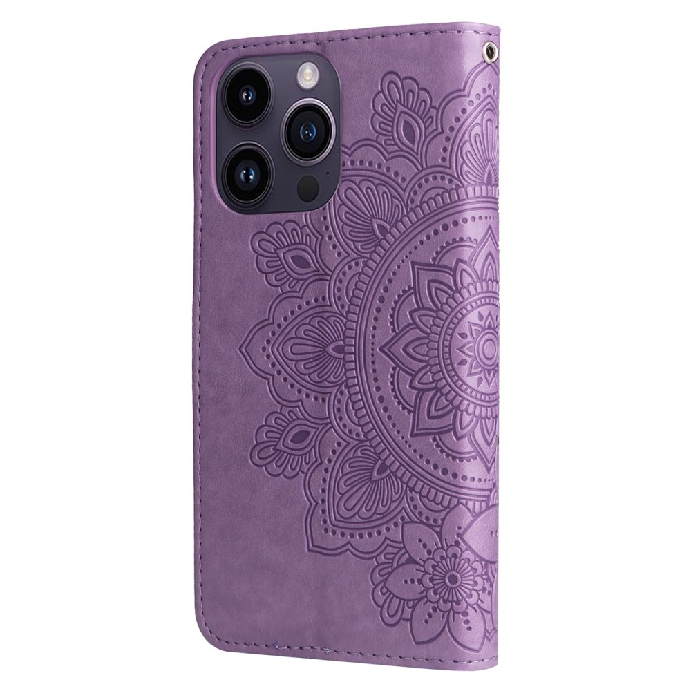 Mandala knížkové pouzdro na iPhone 15 Pro - fialové