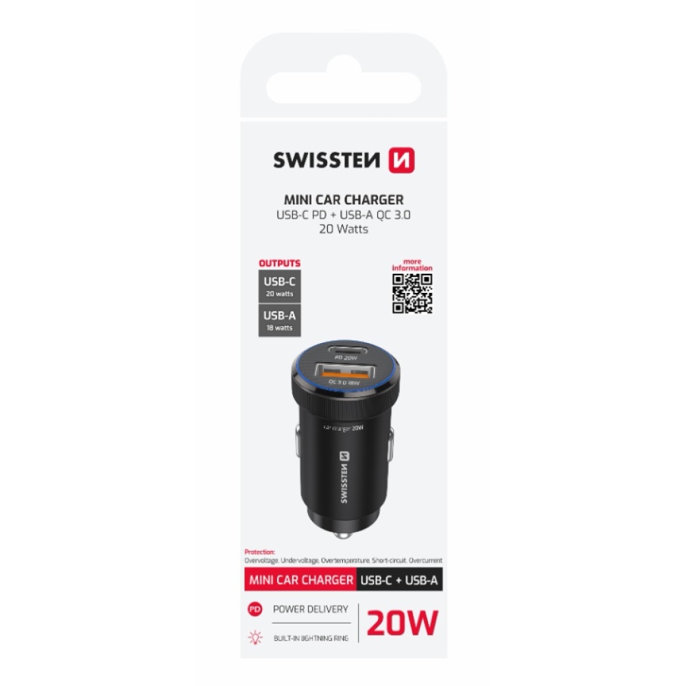 Swissten CL adaptér PD, USB-C PD + USB-A, 20W - černý