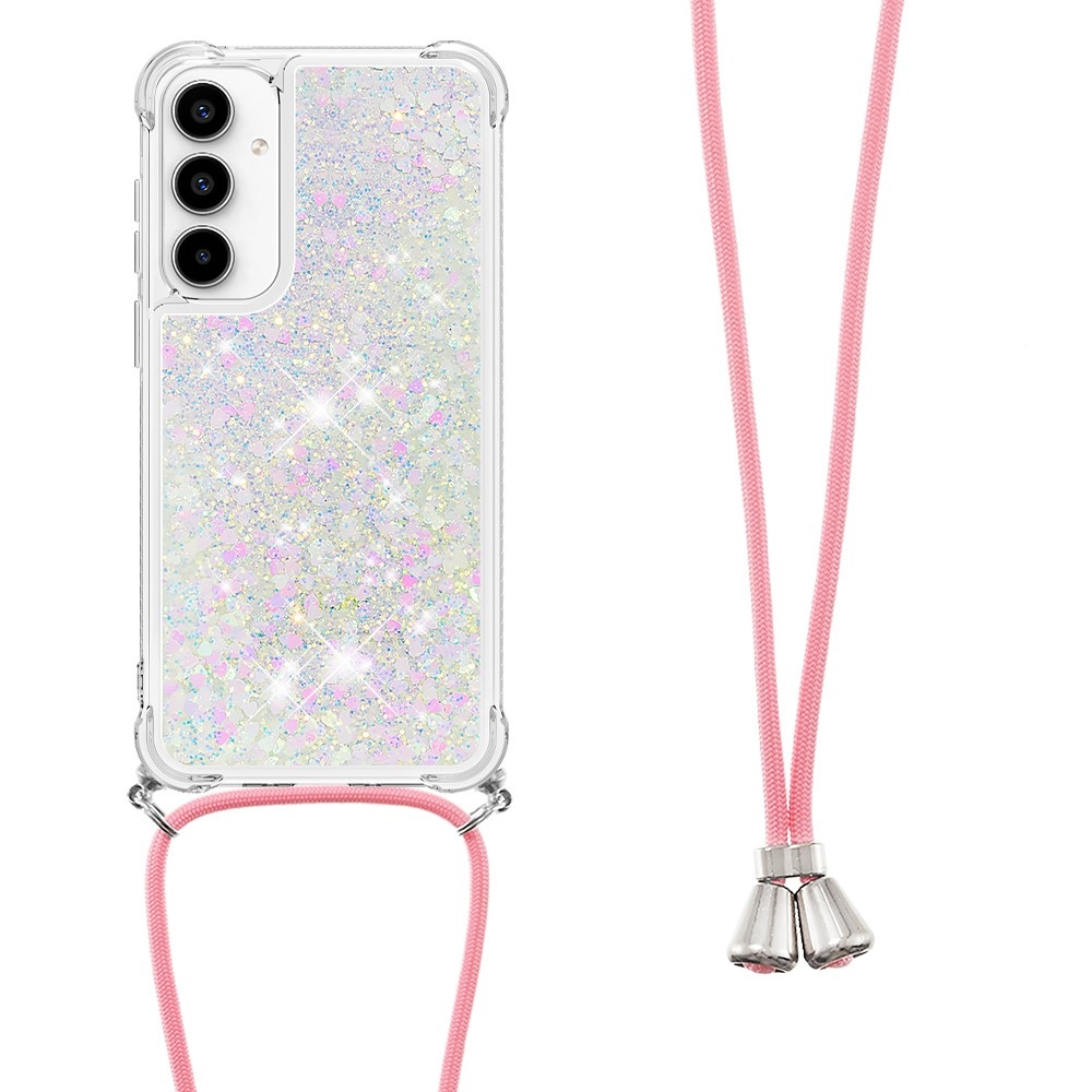 Glitters přesýpací gelový obal se šňůrkou na Samsung Galaxy A56 5G - růžovostříbrný/srdíčka