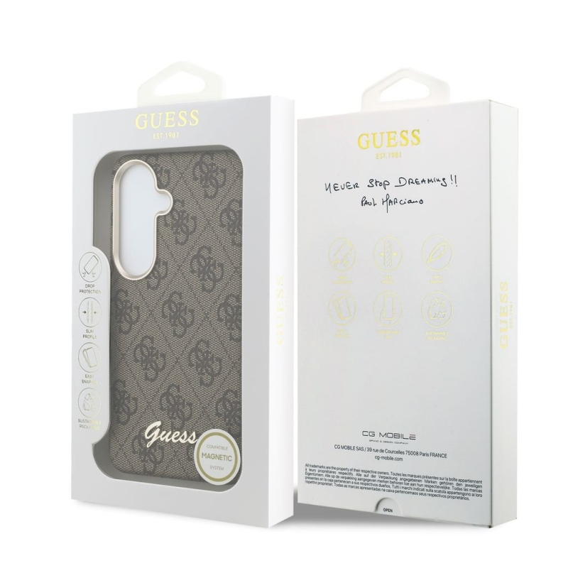 Guess PU 4G Script Metal Logo Magnetic Zadní Kryt pro Samsung Galaxy S26 Brown
