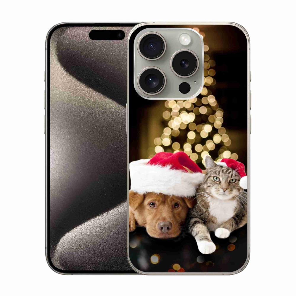 Gelový kryt mmCase na iPhone 15 Pro - vánoční pes a kočka