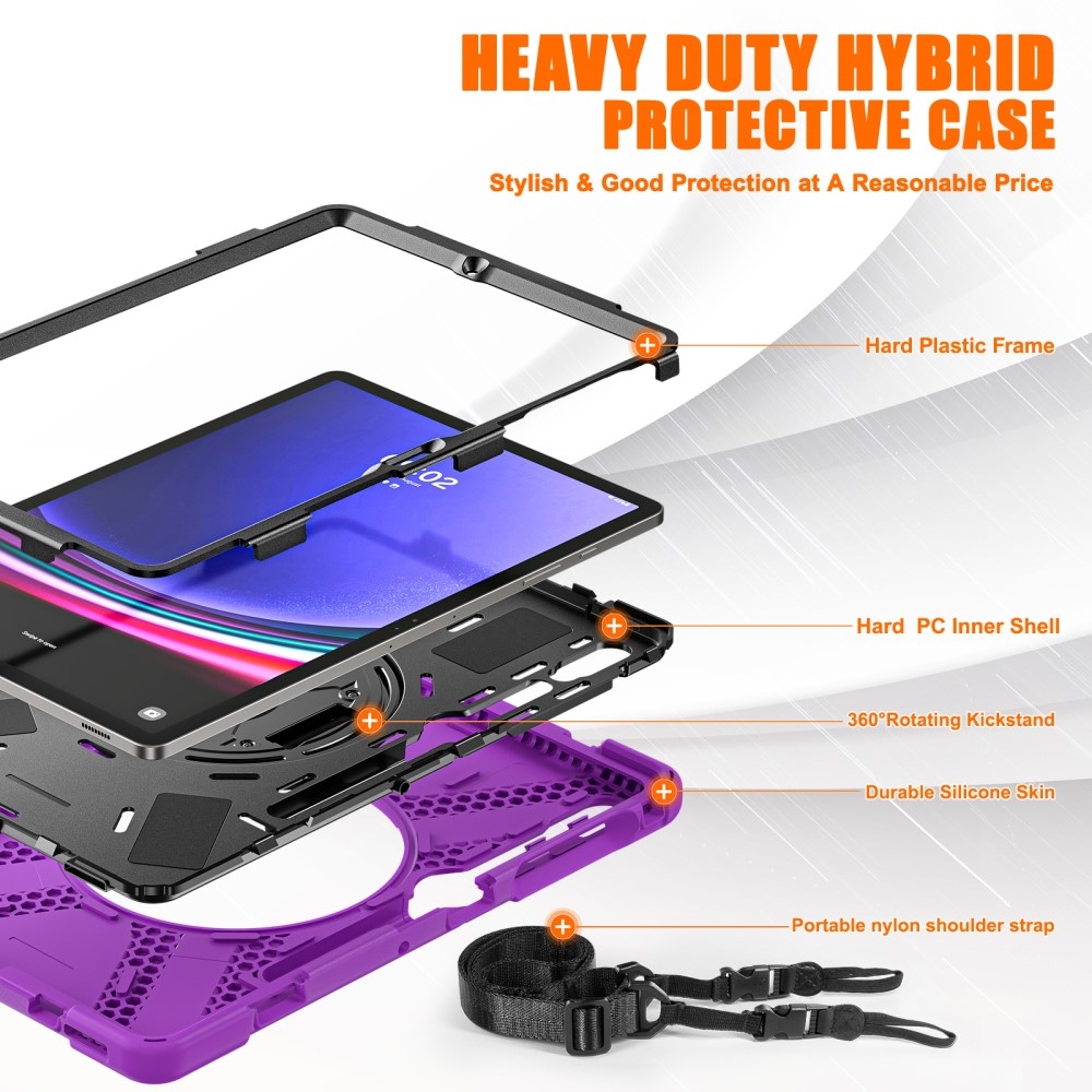 Strap odolný kryt s úchopem na ruku a popruhem na Samsung Galaxy Tab S10+/S9+/S9 FE+/S8+/S7+ - fialový