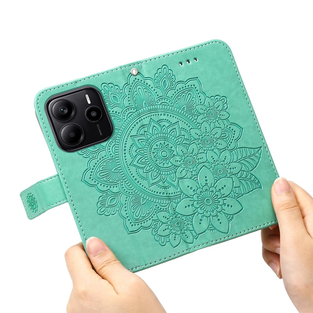 Floral knížkové pouzdro na Xiaomi Redmi Note 14 - modrozelené