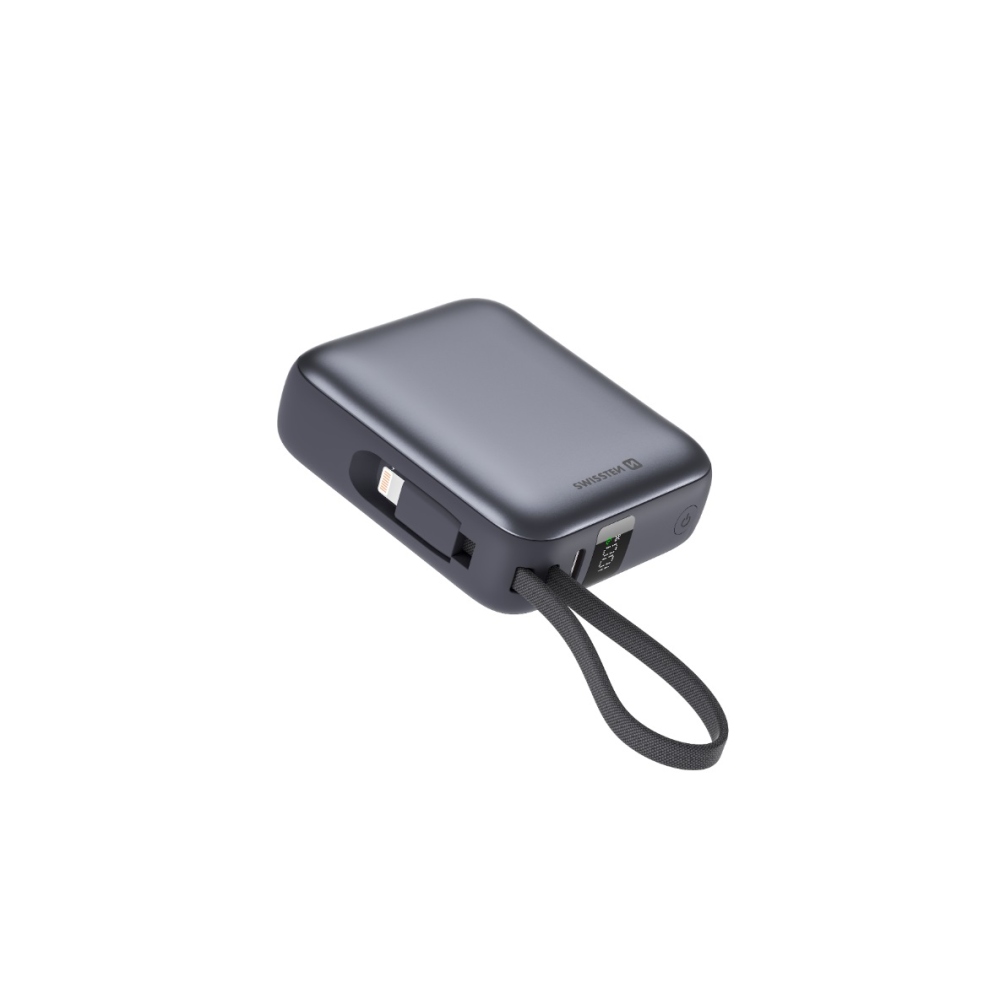 Powerbanka Swissten s integrovanými kabely USB-C a Lightning, 10000 mAh - stříbrná
