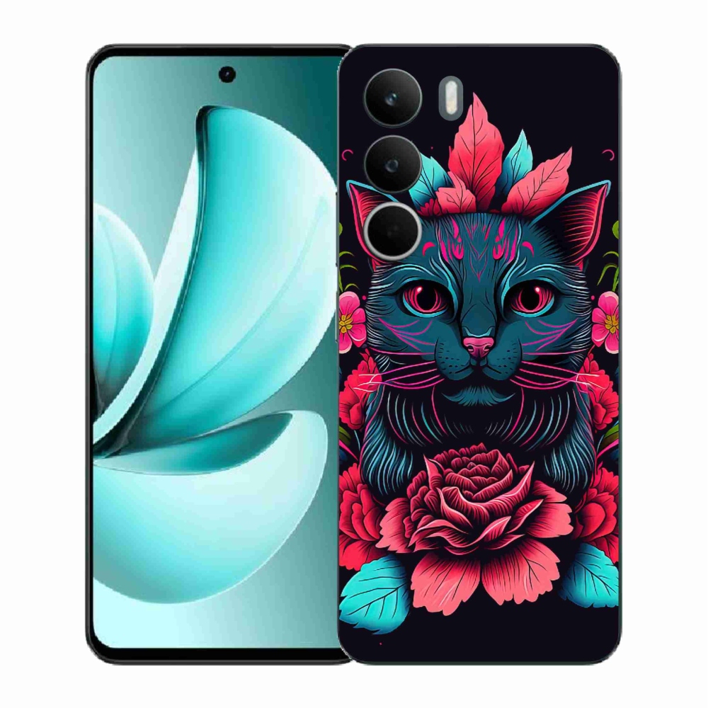 Gelový kryt mmCase na Realme C71 - květiny a kočka