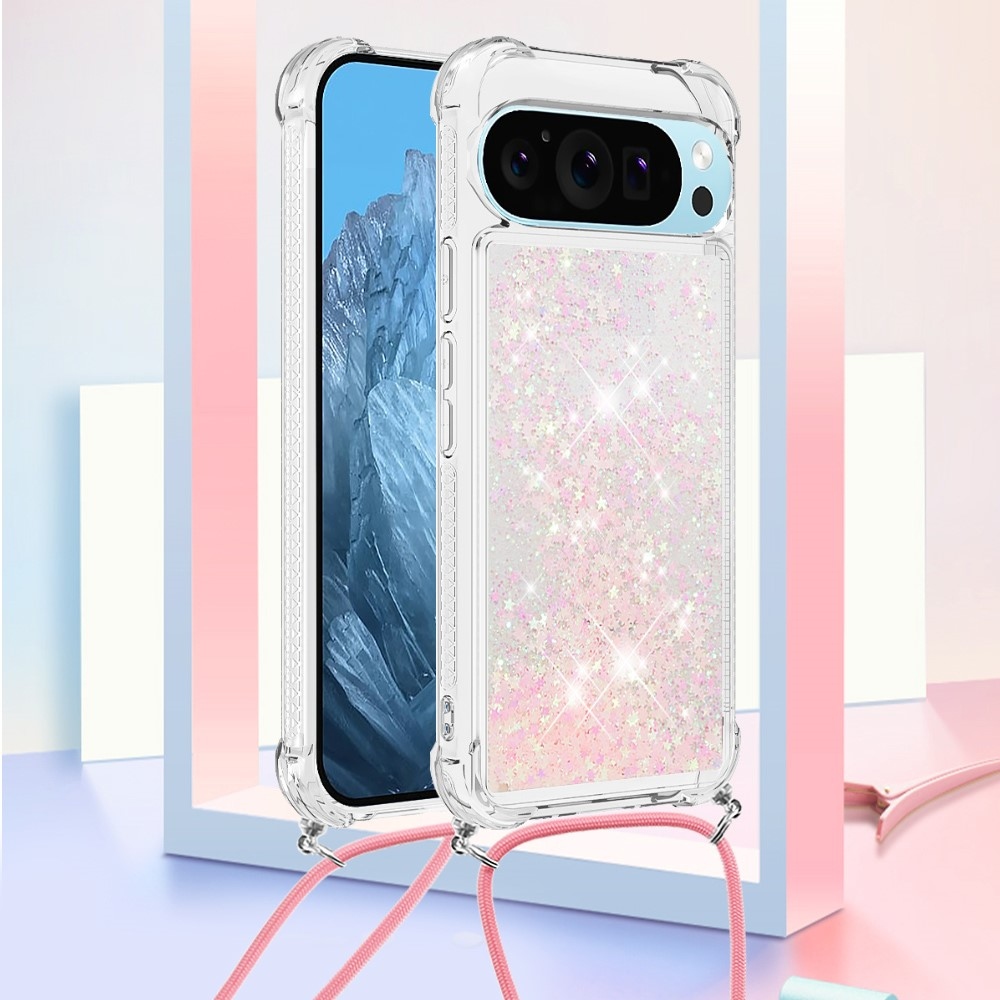 Glitters přesýpací gelový obal se šňůrkou na Google Pixel 10 Pro/Pixel 10 - růžový/hvězdičky