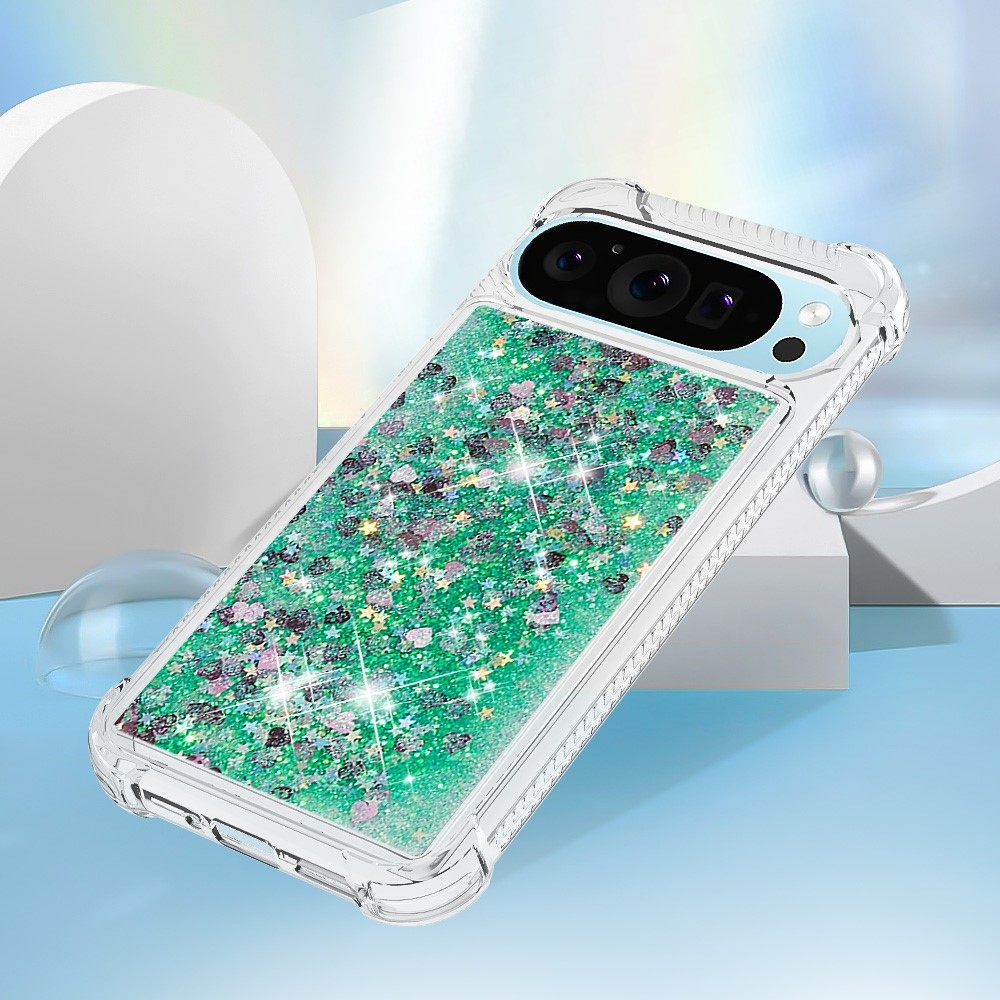 Glitter přesýpací gelový obal na Google Pixel 10 Pro/Pixel 10 - zelený/srdíčka